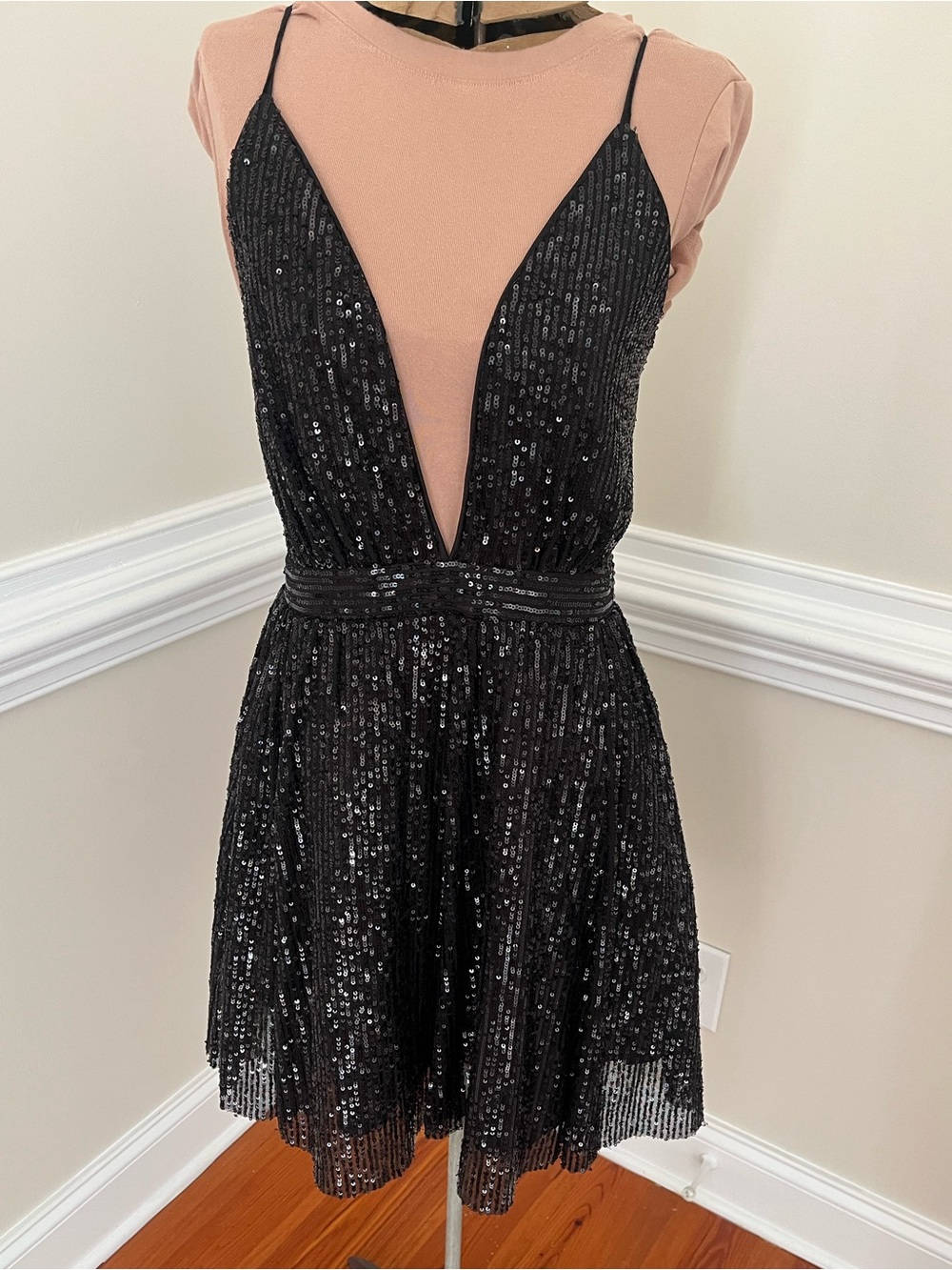 Luxxel Black Sequin Deep V Mini Dress